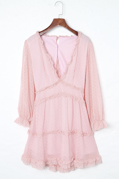 Layered Ruffled Open Back Puff Sleeve Swiss Dot Mini Dress